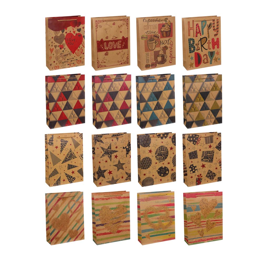 Пакет подарочный бумажный, крафт, L 23,5х31,5х8,5 см, 16 дизайнов, арт.№ 505-078