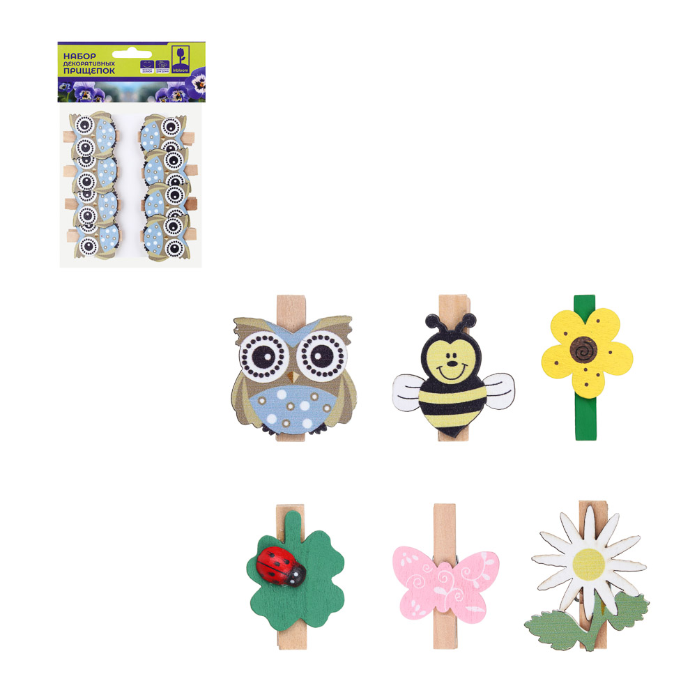 INBLOOM Набор декоративных прищепок 8шт, 4.5см, дерево, 6 видов, арт.№ 153-171
