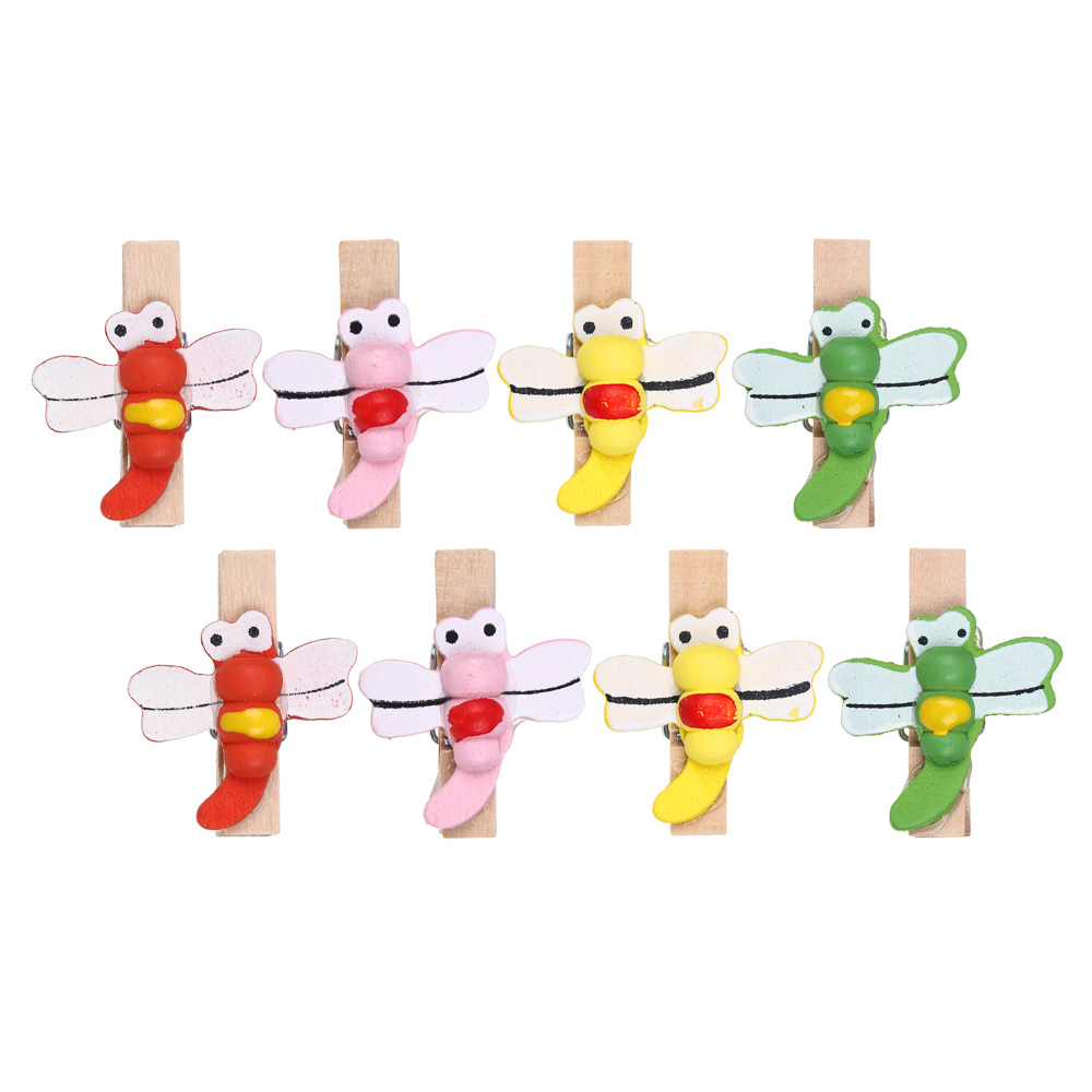 INBLOOM Набор декоративных прищепок Стрекоза 8шт, 3.5см, дерево, арт.№ 153-172