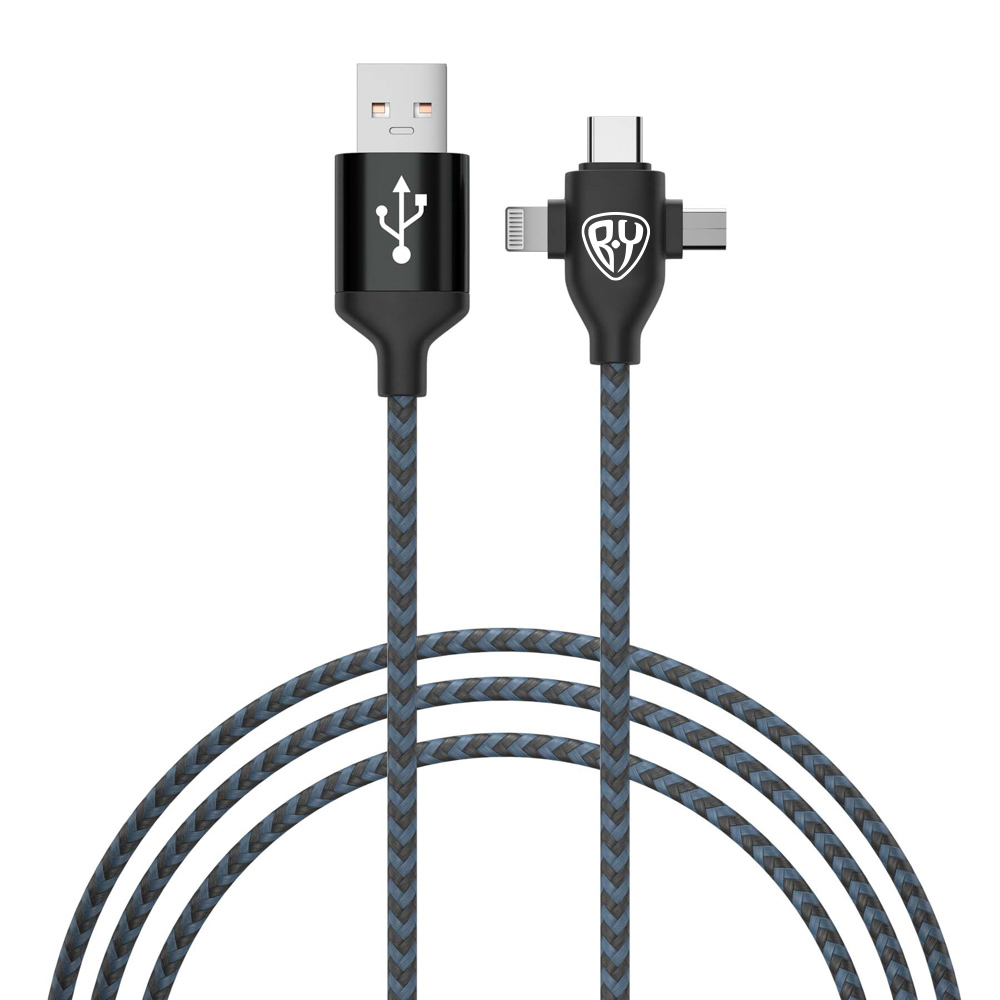 Кабель для зарядки 3в1 iP/microUSB /Type-C BY, 1м, 2А, тканевая оплетка, чёрный, арт.№ 470-045