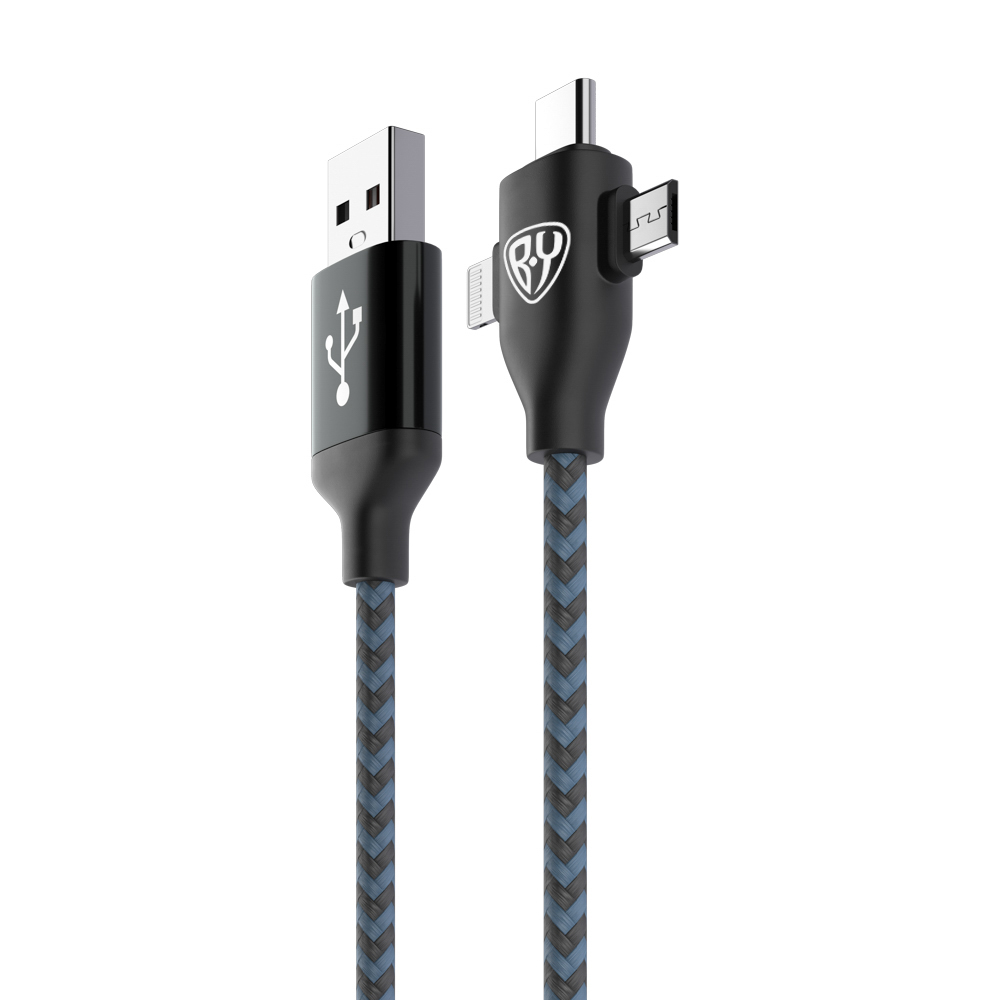 Кабель для зарядки 3в1 iP/microUSB /Type-C BY, 1м, 2А, тканевая оплетка, чёрный, арт.№ 470-045