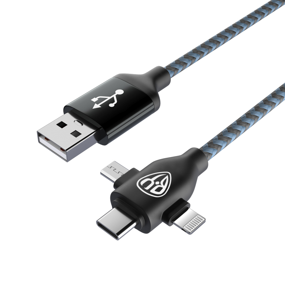 Кабель для зарядки 3в1 iP/microUSB /Type-C BY, 1м, 2А, тканевая оплетка, чёрный, арт.№ 470-045