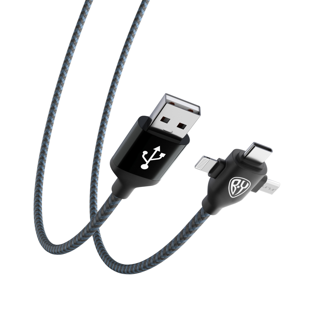 Кабель для зарядки 3в1 iP/microUSB /Type-C BY, 1м, 2А, тканевая оплетка, чёрный, арт.№ 470-045