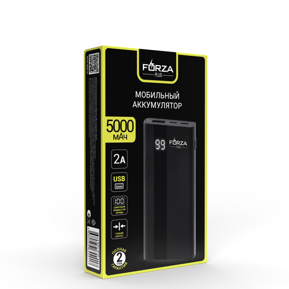 Аккумулятор мобильный FORZA 5000мАч, USB, 2А, дисплей, Чёрный, арт.№ 031-010