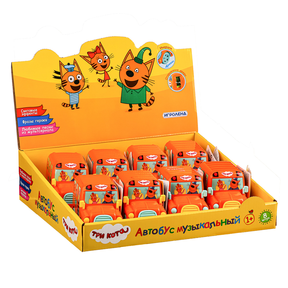 ИГРОЛЕНД Игрушка музыкальная автобус "Три кота", звук, свет, инерция, 3AG13, ABS, 11,5х7х5,5см, арт.№ 866-015