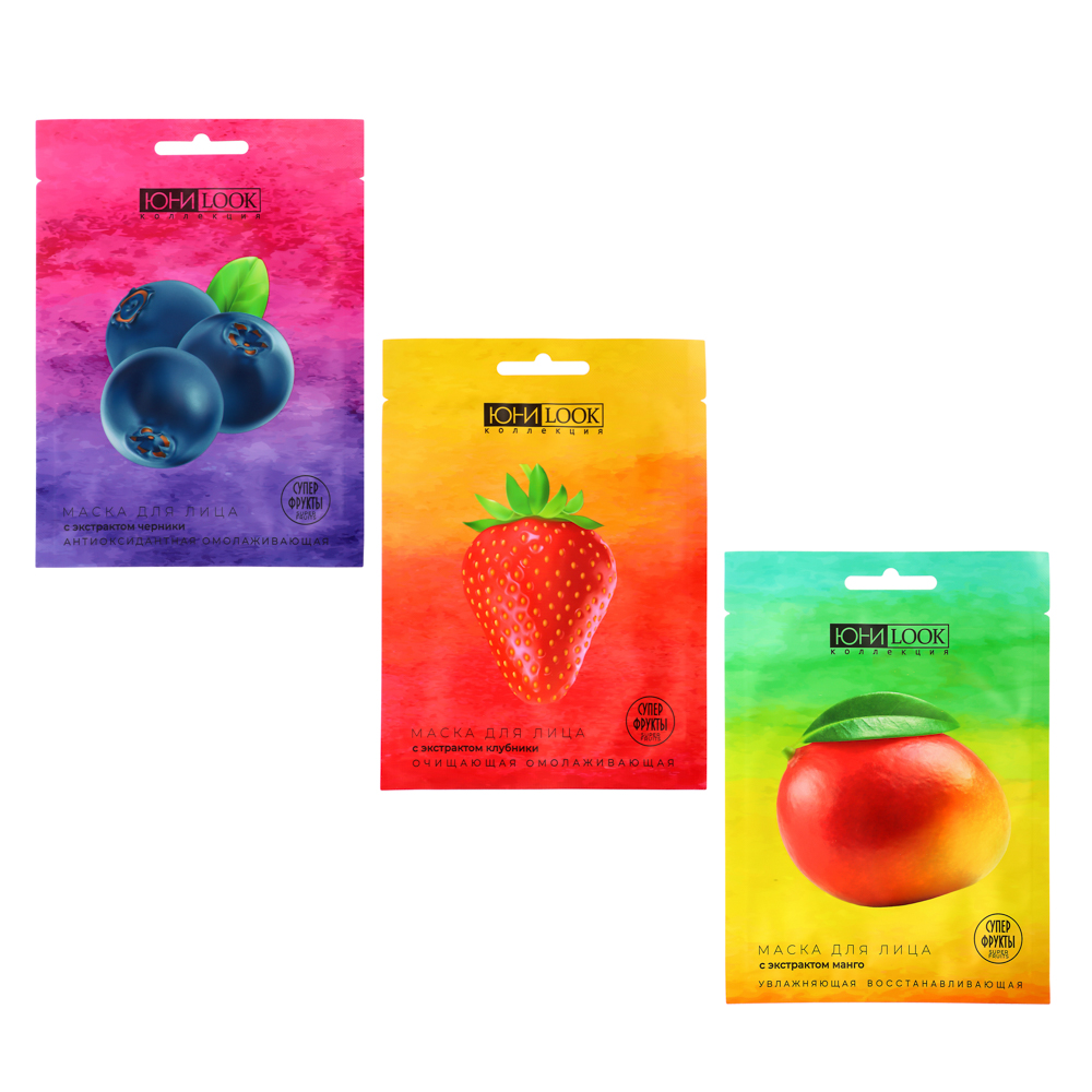 ЮНИLOOK Маска тканевая для лица Суперфрукты 22 мл, 3 вида, арт.№ 022-045