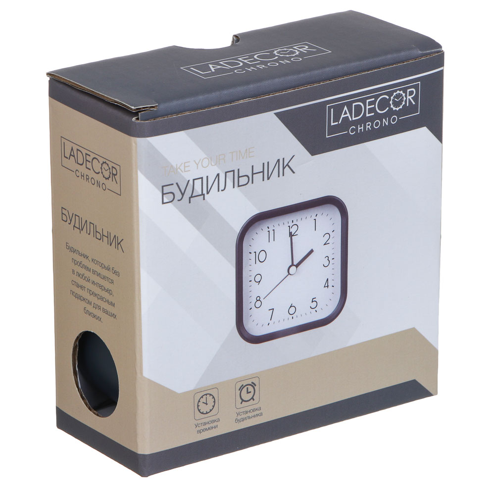 LADECOR CHRONO Будильник, 9,8x9,8x3,9 см, пластик, 1хАА, 2 дизайна, арт.№ 529-324