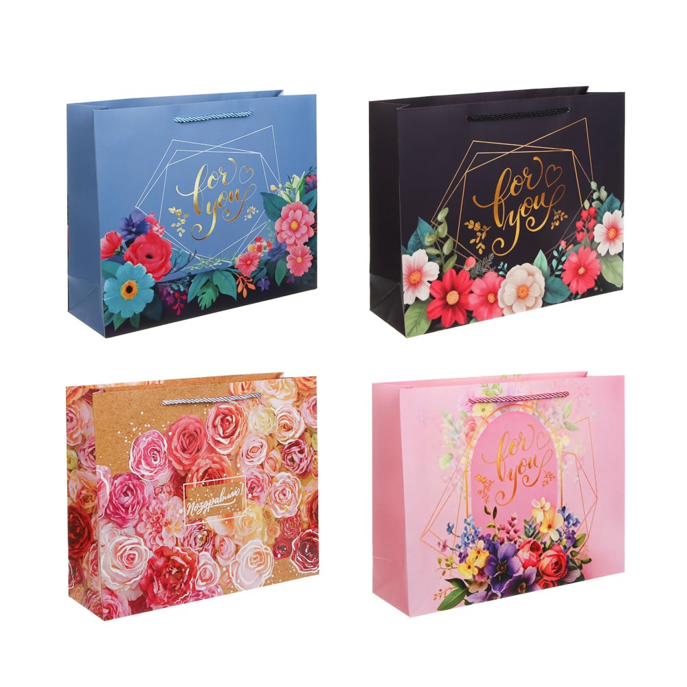 Пакет подарочный бумажный тм LADECOR L 32x26x10 см, "Цветы" арт 1, 4 дизайна, арт.№ 507-482