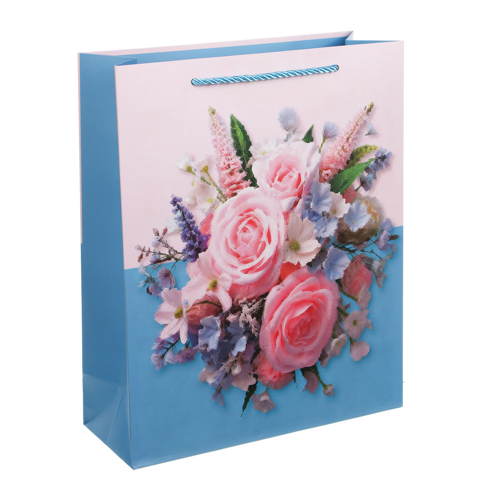 Пакет подарочный бумажный тм LADECOR, L 26x32x10 см, "Цветы" арт 3, 4 дизайна, арт.№ 507-484