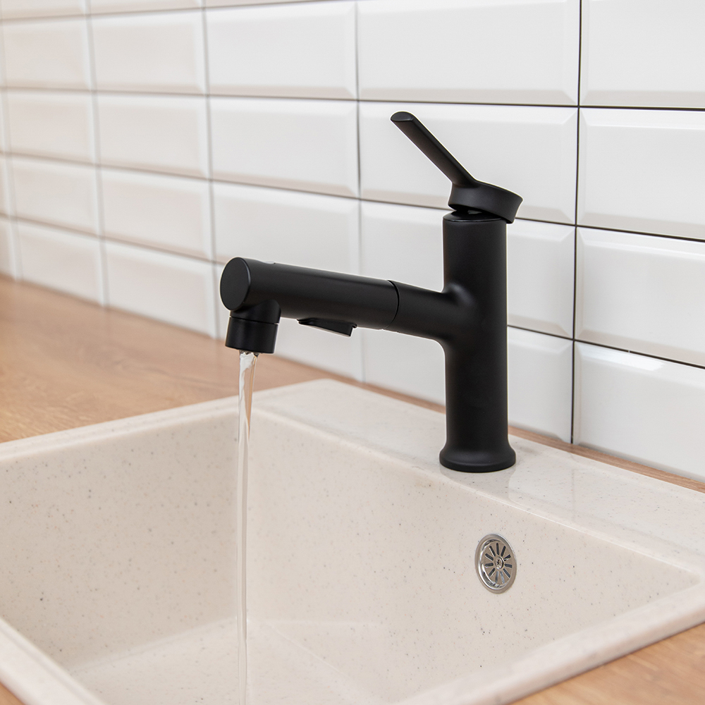 СоюзКран Смеситель для кухни, выдвижной излив, керам. картридж 40мм, черный, цинк, SK01-E132, арт.№ 567-017