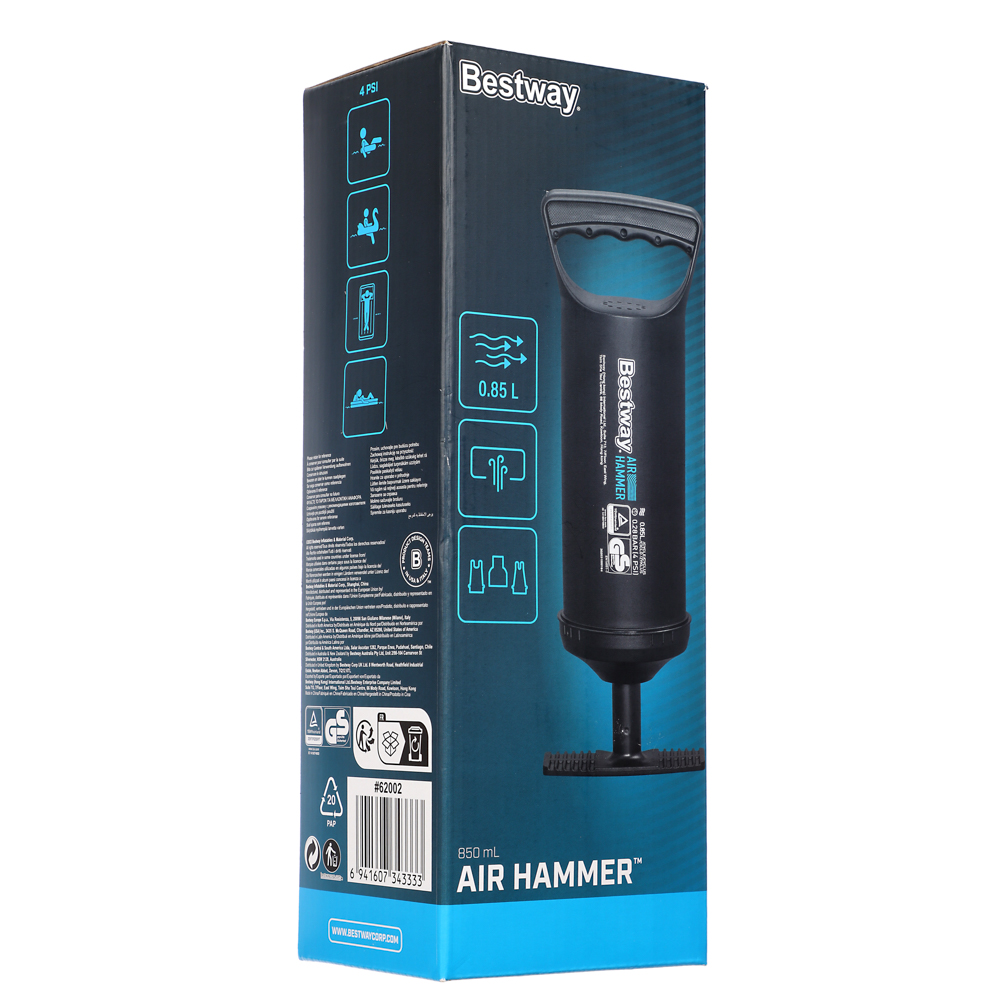 BESTWAY Ручной воздушный насос AIR HAMMER объемом 850мл, 30см, 3 насадки в комплекте, 62002, арт.№ 332-006